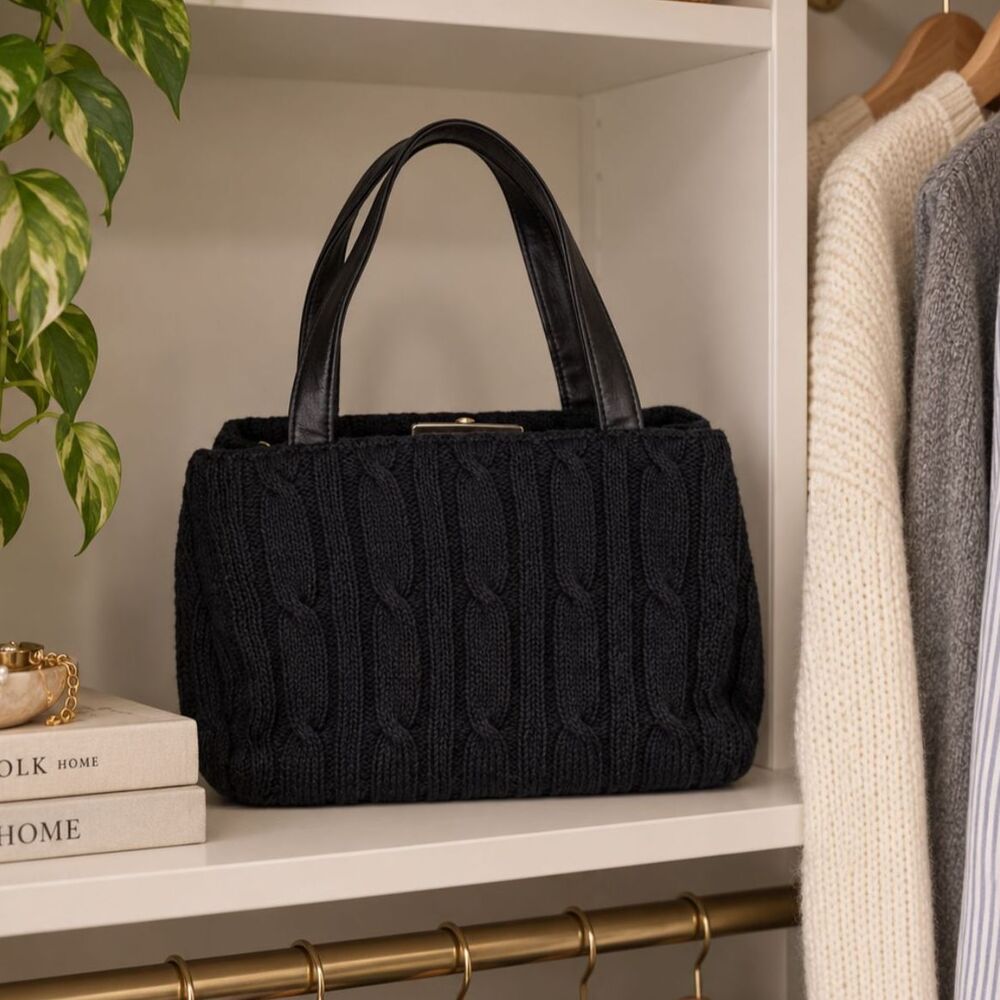 Croft & Barrow Black Cable Knit Leather Shoulder Crossbody Bag Purse NWOT